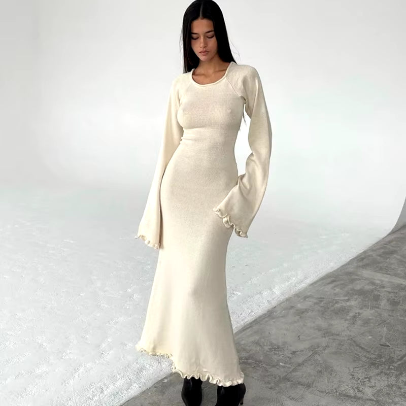 Fashion Flared Sleeves Lace Hem Maxi Dress Lady Elegant Solid Back Lace up Long Dress Female Casual Streetwear Club Party Robes