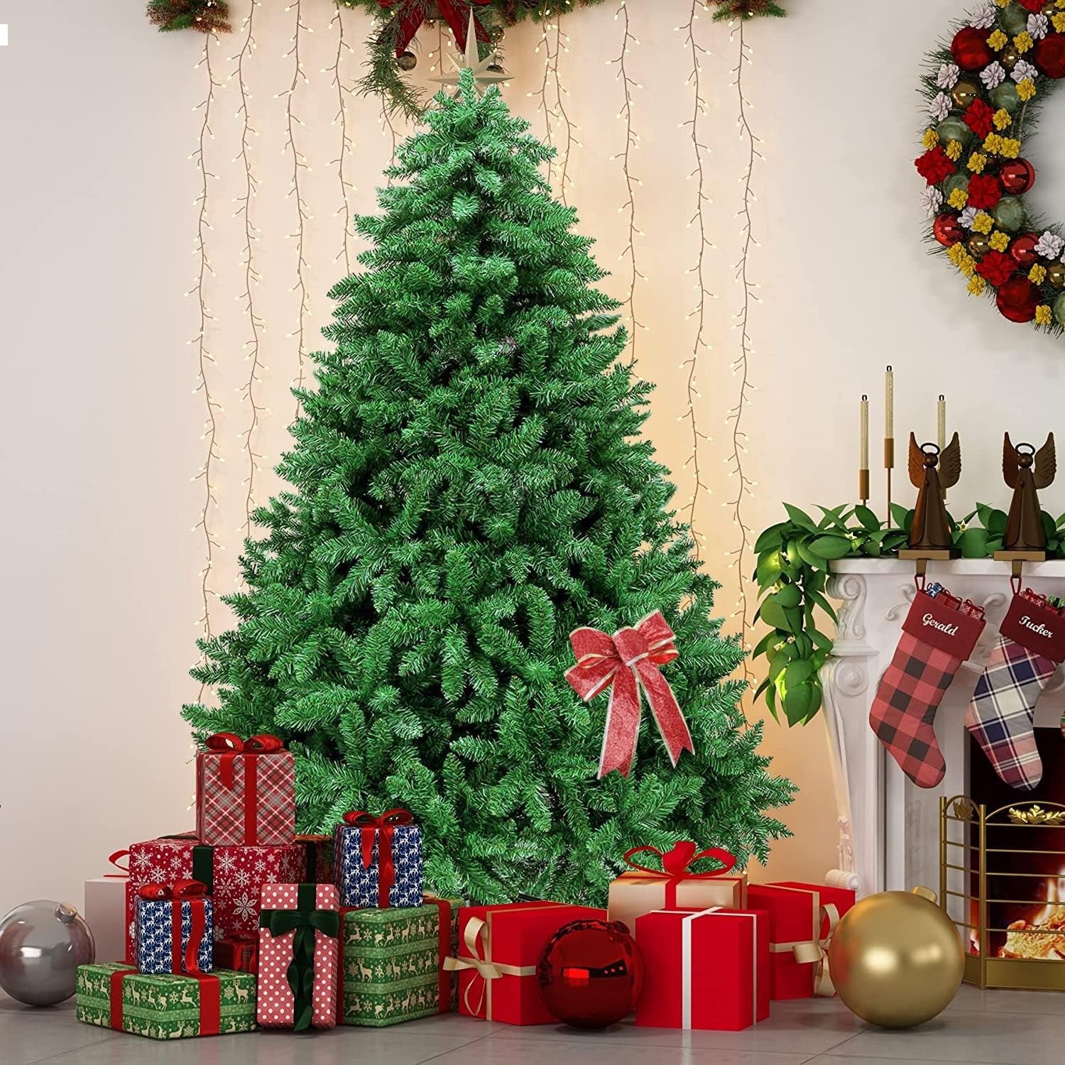 Christmas Tree - 6FT Christmas Trees with Christmas Tree Skirt and Ribbon for Christmas Decorations, Artificial Christmas Tree as for Indoor/Outdoor Holiday Decoration, Green, 5.9Ft