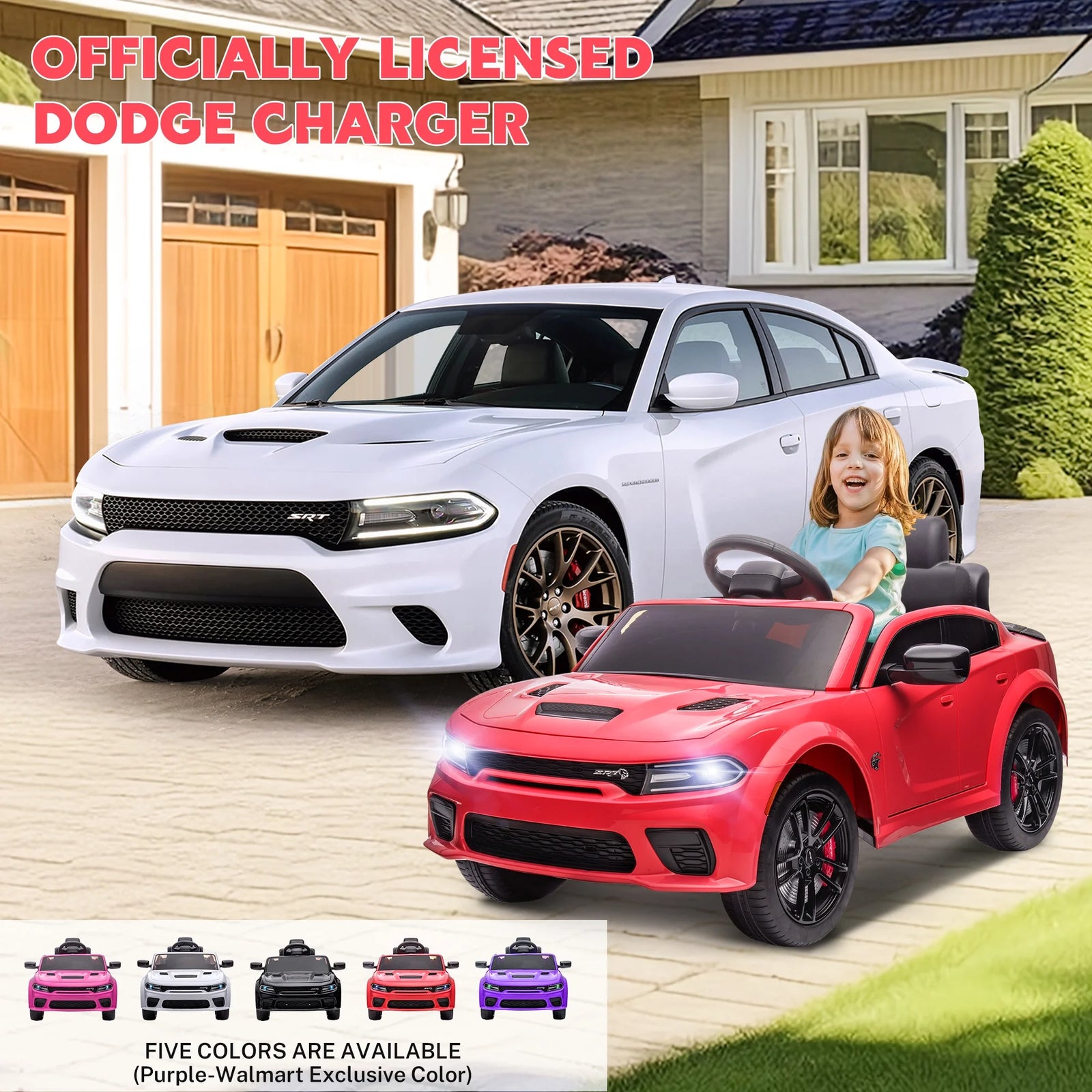 Dodge Electric Ride on Cars for Kids, 12V Licensed Dodge Charger SRT Powered Ride on Toys Cars with Parent Remote Control, Electric Car for Girls 3-5 W/Music Player/Led Headlights/Safety Belt, White