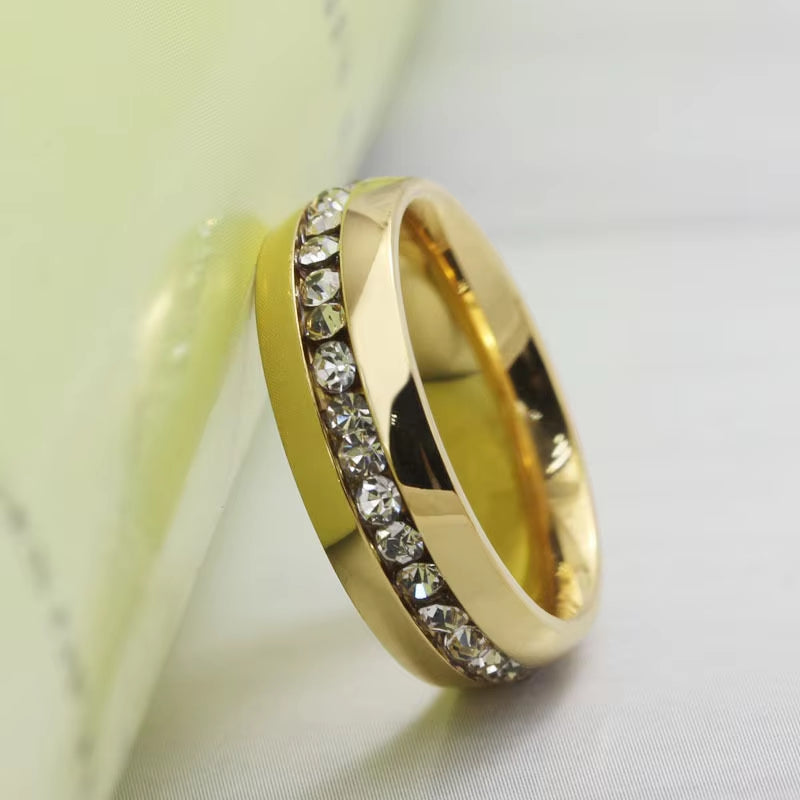 Trendy Handmade Gold Color Stainless Steel Wedding Band Promise Ring with CZ Crystal Ring 6Mm