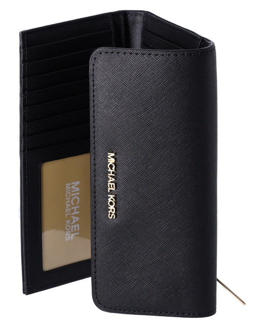 Load image into Gallery viewer, Michael Kors Jet Set Travel Large Trifold Wallet Signature MK Brown Black Pink
