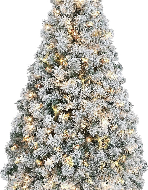 Load image into Gallery viewer, 4.5Ft Pre-Lit Artificial Christmas Tree with Incandescent Warm White Lights, Snow Flocked Full Prelighted Xmas Tree W/340 Branch Tips, 150 Incandescent Lights &amp; Foldable Stand, Green &amp; White
