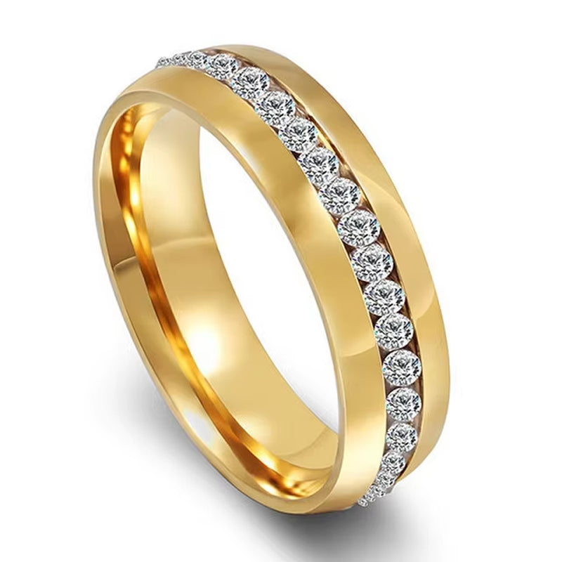 Trendy Handmade Gold Color Stainless Steel Wedding Band Promise Ring with CZ Crystal Ring 6Mm