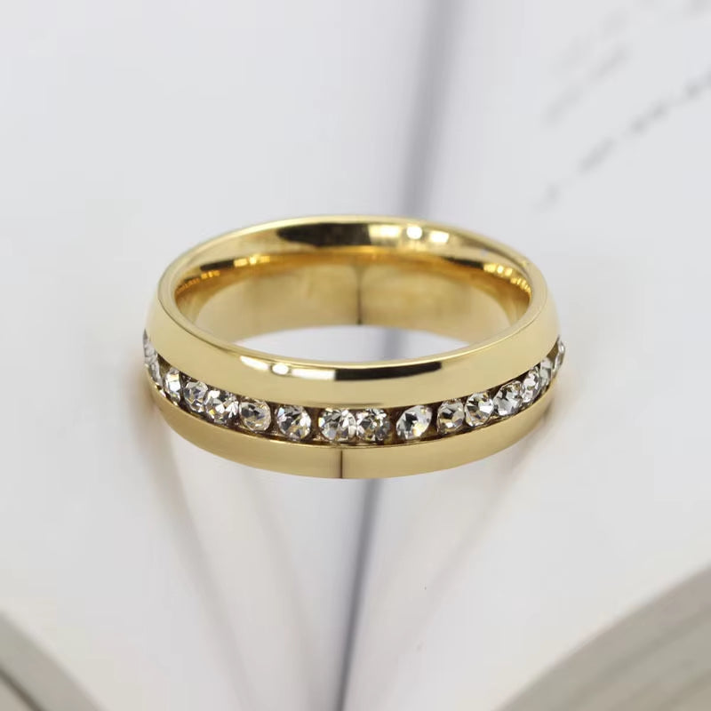 Trendy Handmade Gold Color Stainless Steel Wedding Band Promise Ring with CZ Crystal Ring 6Mm