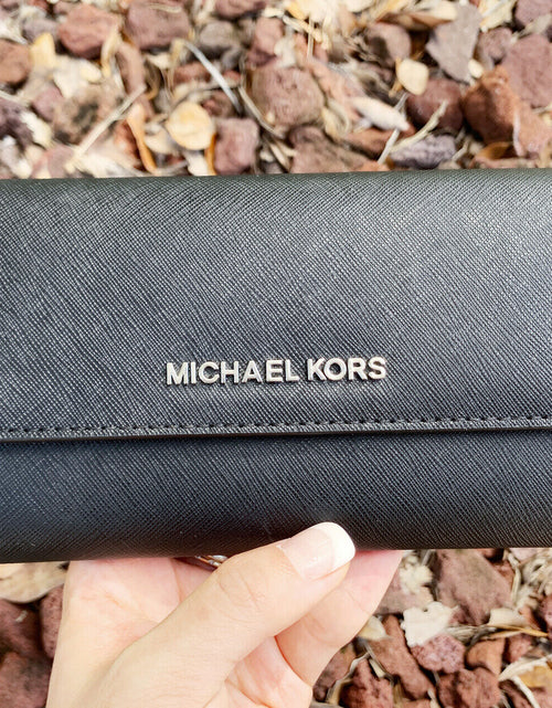 Load image into Gallery viewer, Michael Kors Jet Set Travel Large Trifold Wallet Signature MK Brown Black Pink
