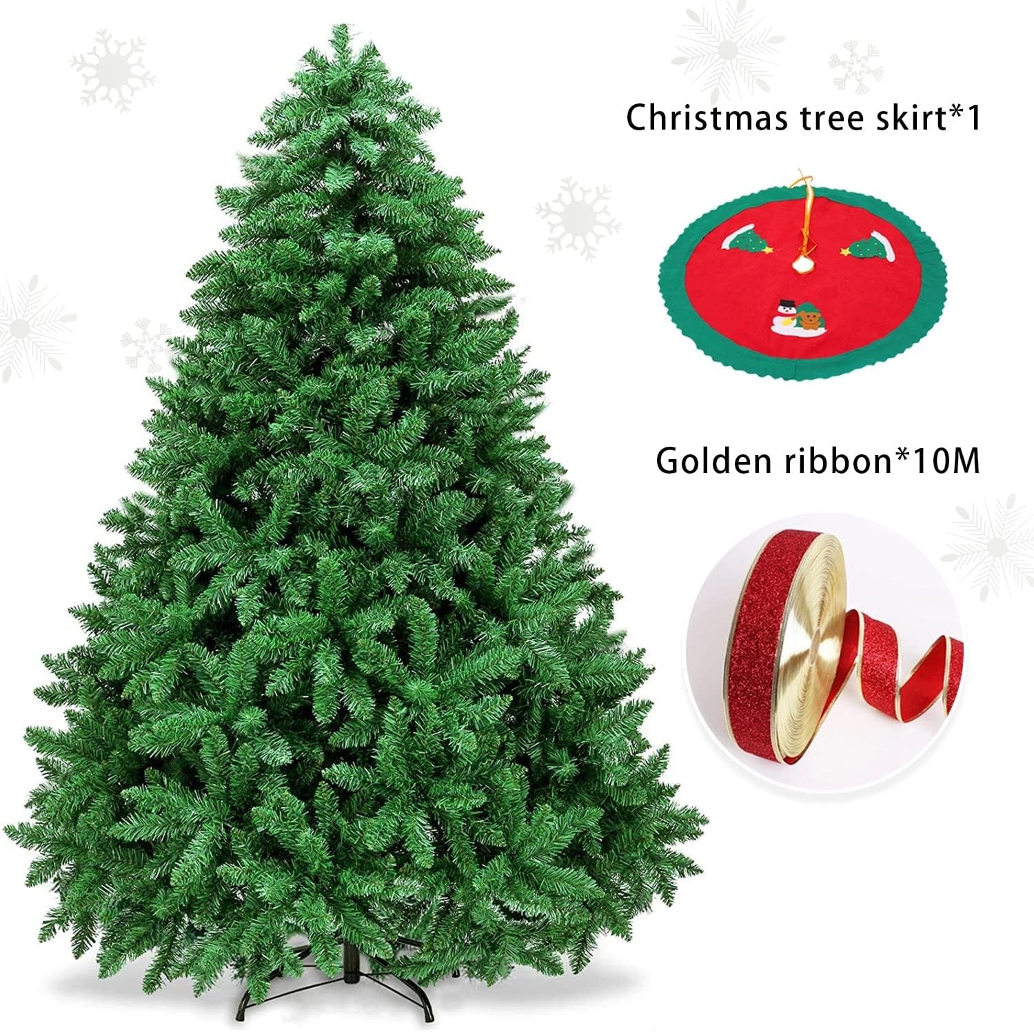 Christmas Tree - 6FT Christmas Trees with Christmas Tree Skirt and Ribbon for Christmas Decorations, Artificial Christmas Tree as for Indoor/Outdoor Holiday Decoration, Green, 5.9Ft