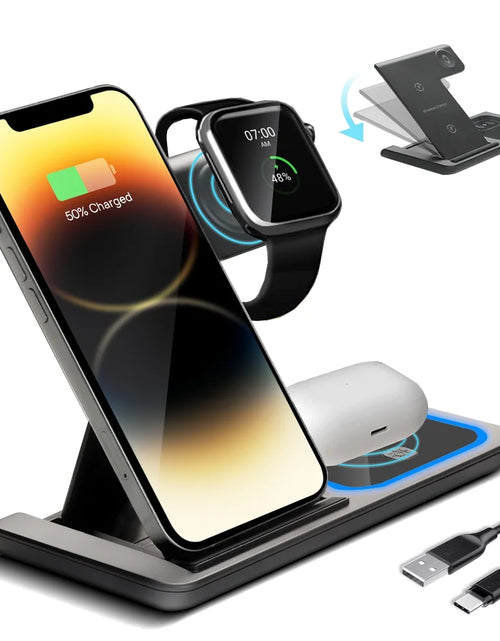 Load image into Gallery viewer, 3-In-1 Wireless Charging Station 15W Fast Wireless Charging Base for Iphone15/14/13/12/11/Pro, Iwatch, Airpods Pro, Qi Standard Mobile Phones, Foldable Wireless Charging Stand Black
