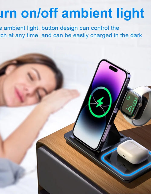 Load image into Gallery viewer, 3-In-1 Wireless Charging Station 15W Fast Wireless Charging Base for Iphone15/14/13/12/11/Pro, Iwatch, Airpods Pro, Qi Standard Mobile Phones, Foldable Wireless Charging Stand Black
