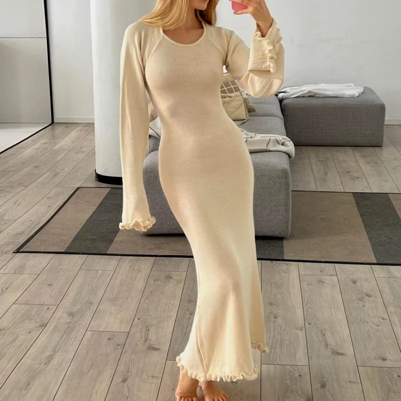 Fashion Flared Sleeves Lace Hem Maxi Dress Lady Elegant Solid Back Lace up Long Dress Female Casual Streetwear Club Party Robes