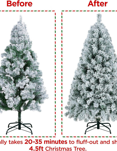 Load image into Gallery viewer, 4.5Ft Pre-Lit Artificial Christmas Tree with Incandescent Warm White Lights, Snow Flocked Full Prelighted Xmas Tree W/340 Branch Tips, 150 Incandescent Lights &amp; Foldable Stand, Green &amp; White
